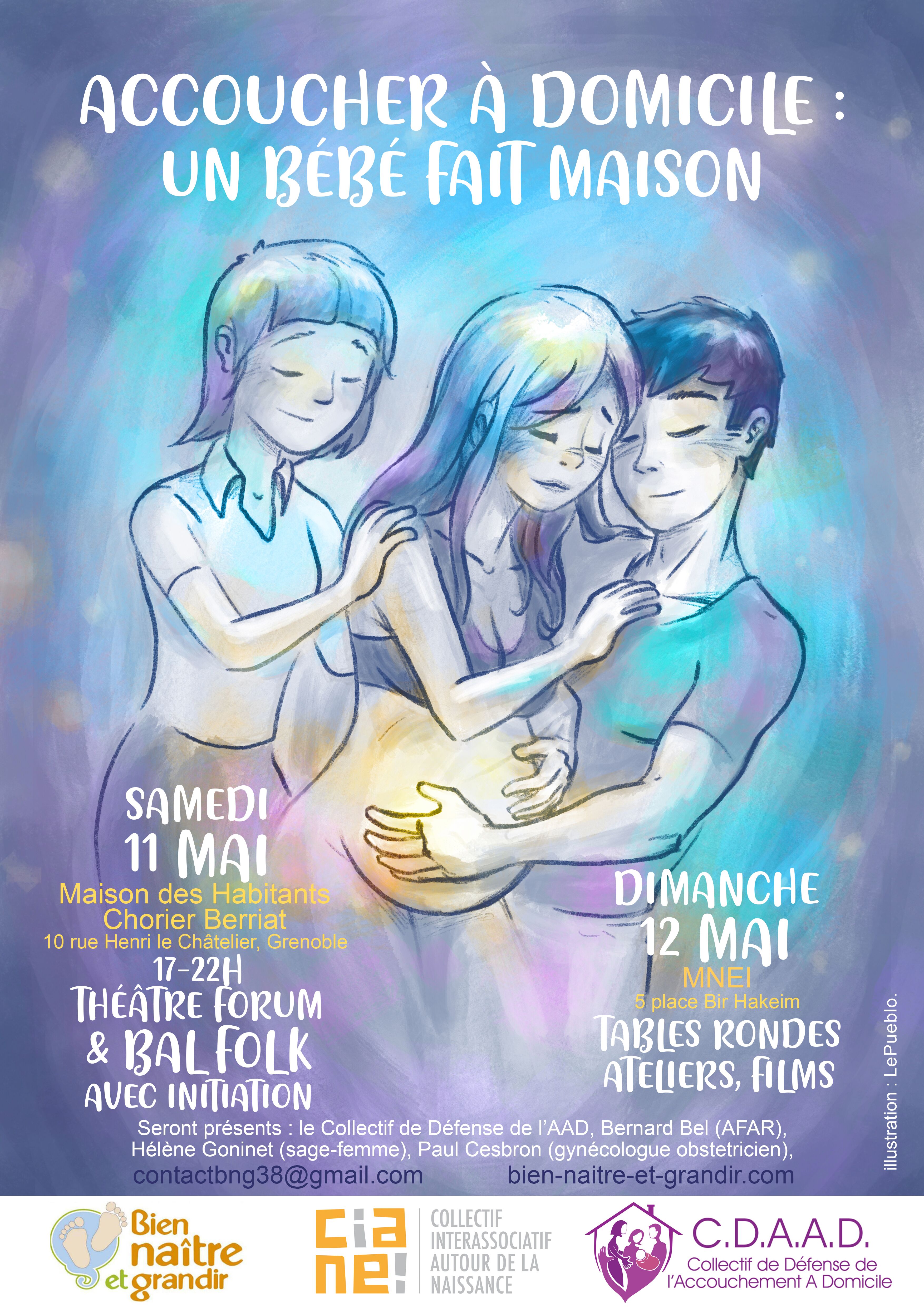 Affiche du week-end Acccouchement à domicile des 11 et 12 mai à Grenoble